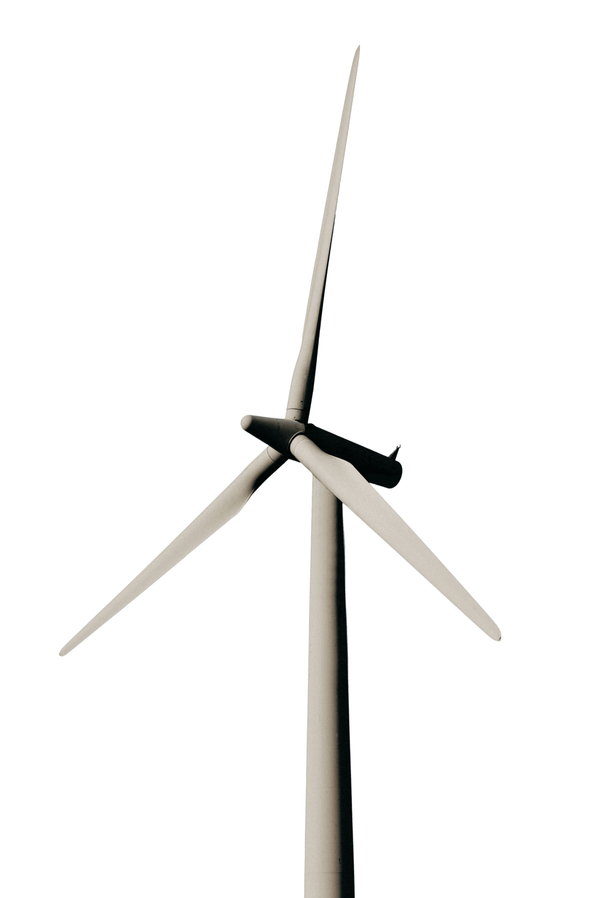 Wind turbine photographed from below against an overcast sky